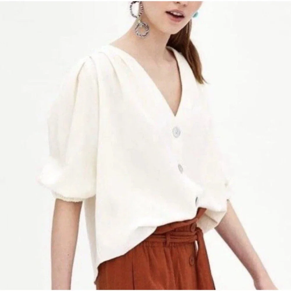 ZARA TRF Linen Blend Puff‎ Sleeve Blouse Cream Iridescent Shell Buttons XS